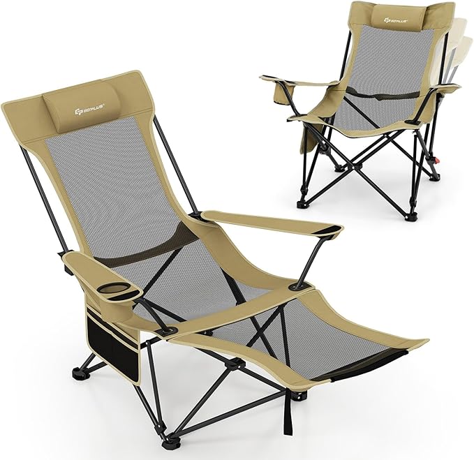Goplus Reclining Camping Chair with Foot Rest Folding Lounge Chair for Adults w/Adjustable Backrest Storage Bag &amp Cup Holder Portable Recliner Beach Chair Outdoor Camp Picnics 330 LBS (1 Kha