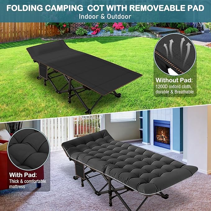 NAIZEA Folding Camping Cots for Adults Folding Cot with Mattress Camping Foldable Bed Portable Military Cot Double Layer Oxford Strong Heavy Duty Sleeping Cots w/Carry Bag for Camp Office Travel