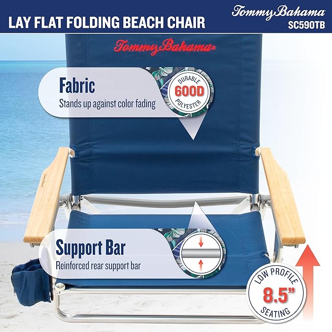 Tommy Bahama 5-Position Lay Flat Cup Holder and Towel Bar Beach Chair