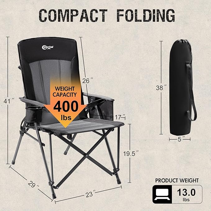 Portal Camping Chair with Lumbar Support for Adults Folding Portable High Back Oversized 400LBS