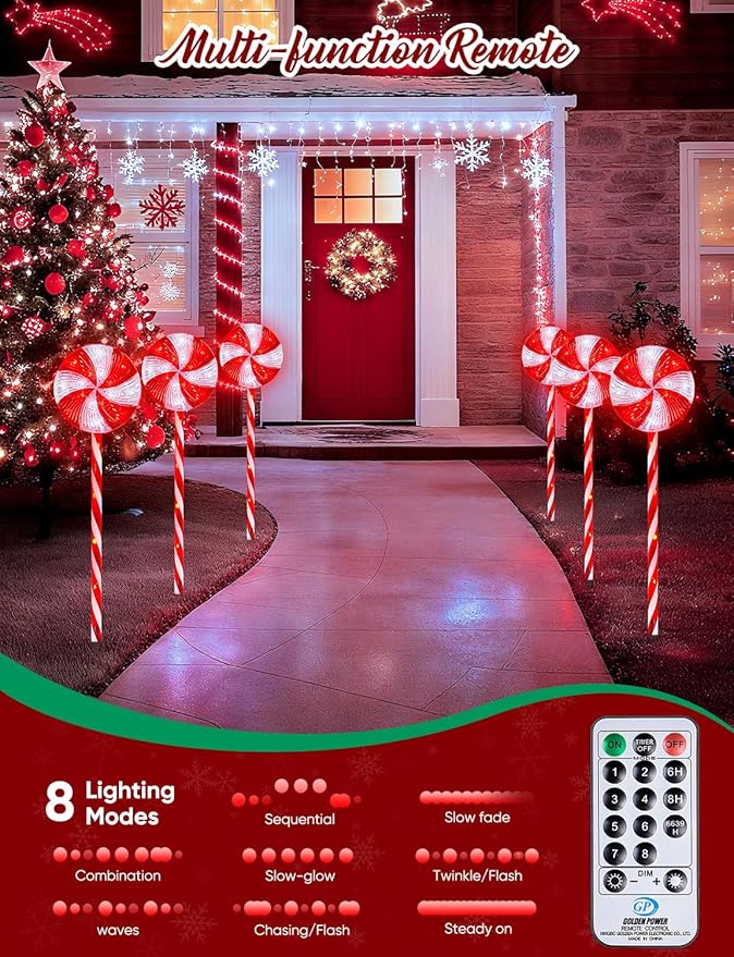 Brightown 3 Pack Lollipop Christmas Pathway Lights Outdoor - 29IN 60 LED Candy Cane Lights with 8 Lighting Modes Waterproof Christmas Light Outdoor Decoration for Lawn Yard Walkway Red and White