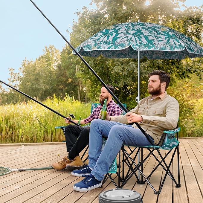 Double Camping Chair with Umbrella Folding Beach Chair Loveseat Chairs with Canopy Shade and Cooler Bag Double Rocker Chair Outdoor for Camping Beach Picnic Fishing Patio Pool Park