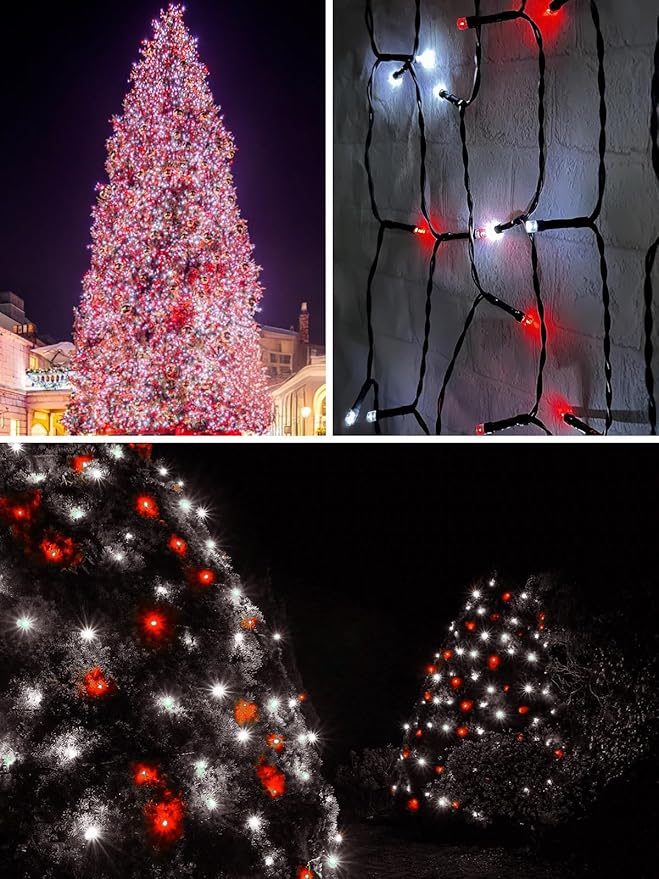 4-pack Red and White Solar Christmas Lights Outdoor Waterproof 400LED 132FT Solar Powered LED String Lights Green Wire with 8 Modes Solar Fairy Lights for Xmas Tree Party Wedding Garden Fence Decor