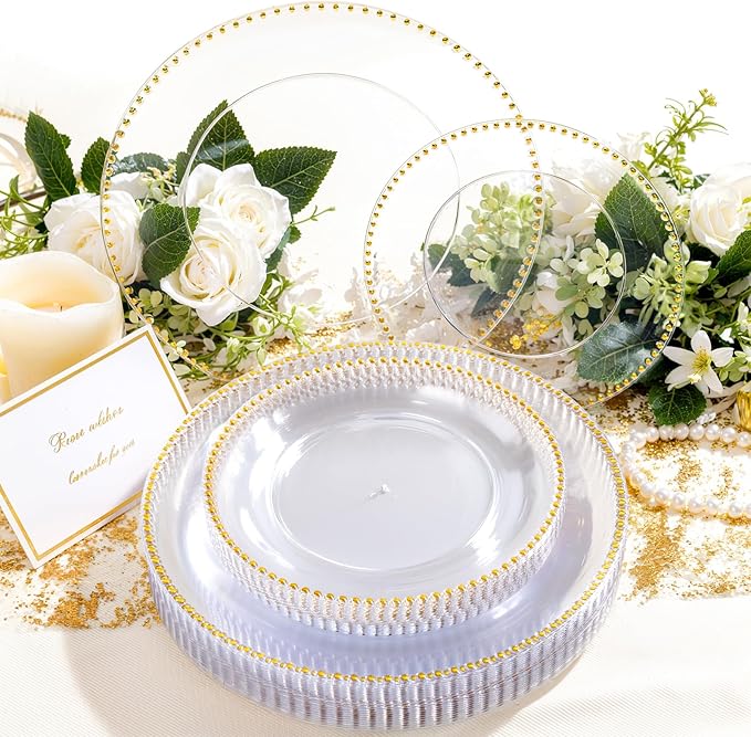 Rubtlamp 60Pcs Clear Gold Plastic Plates Clear Disposable Plates With Gold Beaded Heavyduty Plastic Plates Include 30 Dessert Platos 30 Dinner Platos for Wedding Party