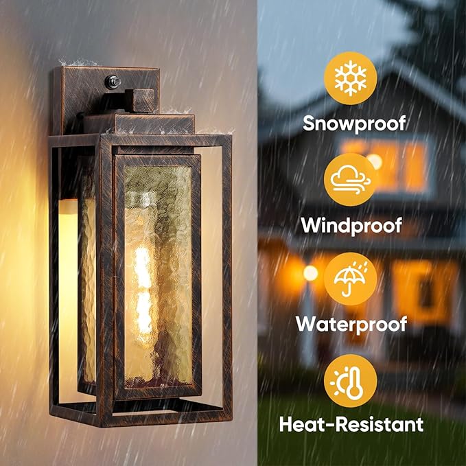 Dusk to Dawn Outdoor Wall Lantern Water Ripple Exterior Porch Light Fixture Black Gold 2 Pack Sensor Outside Lantern Lamp Porch Mount Lamp for Doorway Waterproof Wall Sconce Light (Bulb Included)