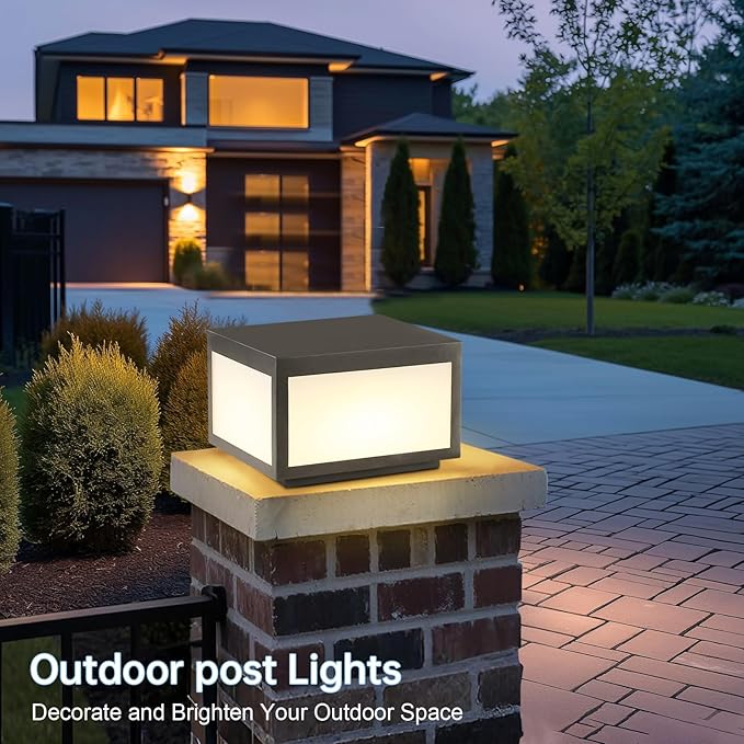 Outdoor Modern Post Light Hard Wired Pillar Lights Square Post Column Caps Lamp for Flat Surface Stainless Steel Fence Deck Cap Lantern Lighting for Patio Garden Driveways IP65 Waterproof 10x10