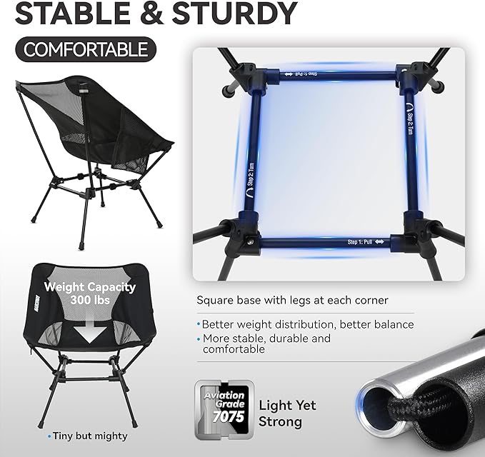 MARCHWAY Ultralight Folding Camping Chair Heavy Duty Portable Compact for Outdoor Camp Travel Beach Picnic Festival Hiking Lightweight Backpacking (Black)