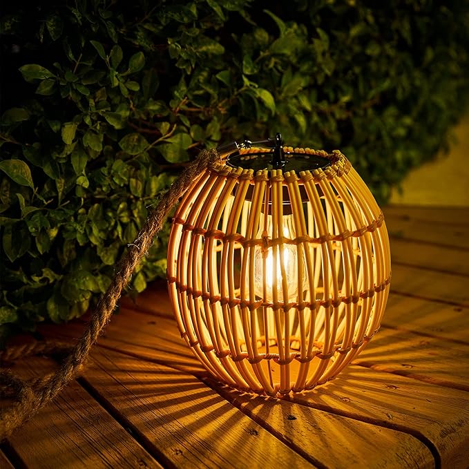 Livinlarge Hanging Solar Lantern Outdoor Waterproof Large Solar Rattan Lantern Outdoor with Twine Handle Bright Outdoors Hanging Lights with Edison Bulb for Garden Patio Yard Decoration