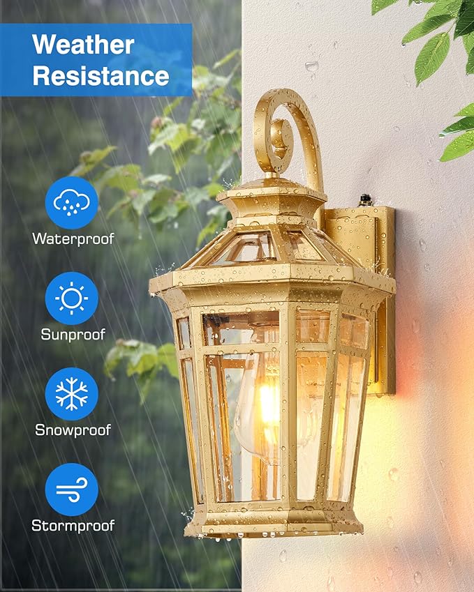 Outdoor Wall Lights Wall Mount 2-Pack Dusk to Dawn Front Porch Light Gold Modern Exterior Wall Sconce Exterior Garage Lighting Fixtures Weather Resistant Coach Lanterns Outdoor Anti-Rust