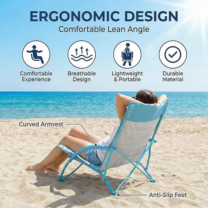 2 Pack Low Beach ChairFolding Recliner Camping Chair for AdultsLightweight Backpacking Low Seat Camping Chairs with Cup HolderCarry Bag for Outdoor Camp Lawn Picnic FestivalBlue Strip