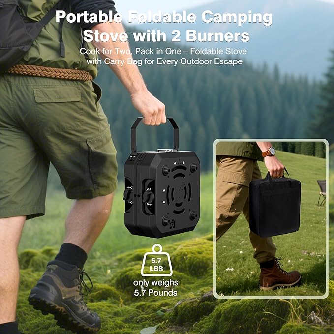 Camping Stove Portable Propane Camp Stove with Independently Adjustable Heat &amp Carry Bag Foldable Gas Stove with 2 Burners for Outdoor CookingTailgating &amp Backyard GatheringBBQ (Black)