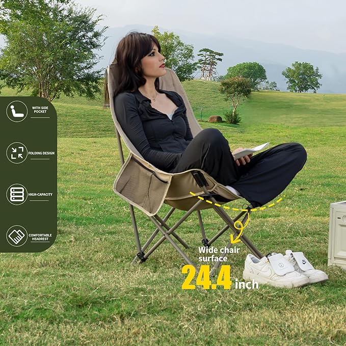 Whitsunday Camping ChairCompact Backpacking Outdoor ChairHigh Back Portable Folding Moon Chair for Heavy PeopleBeach Chair with Side Pocket-Green