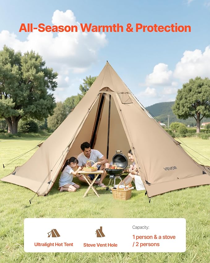 VEVOR Hot Tent Camping Tipi Hot Tents with Stove Jack Portable Winter Camping Tents with Snow Skirt Easy Setup Waterproof 4 Season Shelter Tents for Fishing Backpacking
