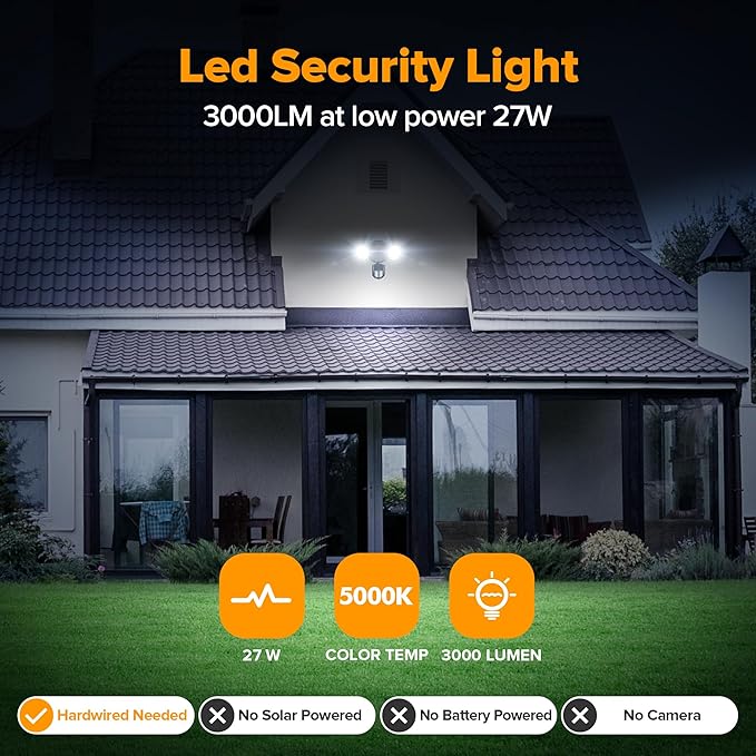UME LED Security Light Motion Sensor Outdoor Lights 27W 3000LM 5000K IP65 Waterproof Dusk to Dawn 2 Head Motion Detector Flood Light for Outside Garage Yard (Black)