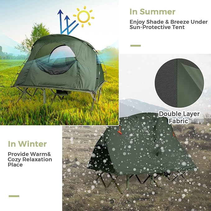 Tangkula 2-Person Tent Cot 4-in-1 Folding Tent with Waterproof Rainfly Self-Inflating Mattress &amp Roller Carrying Bag Portable Off Ground Elevated Tent with Shoe Storage Pocket &amp Lamp Hook