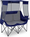 Double Camping Chair with Canopy Shade 660lbs Heavy Duty Beach Chair Portable Folding 2 Person Camping Loveseat with Cup Holder and Storage Bag for Lawn Beach Outdoor Sport(Blue and Grey)