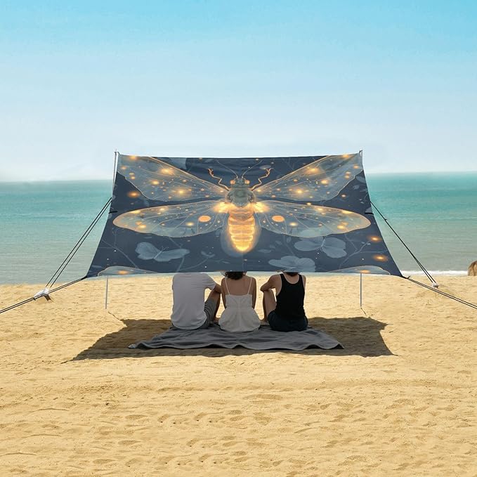Firefly Beach Tent Sun Shelter 9.2' x 10.5' Beach Canopy with 4 Sandbags 4 Stability Poles Sand Shovels - Tent Canopy for Beach Camping Fishing Picnics
