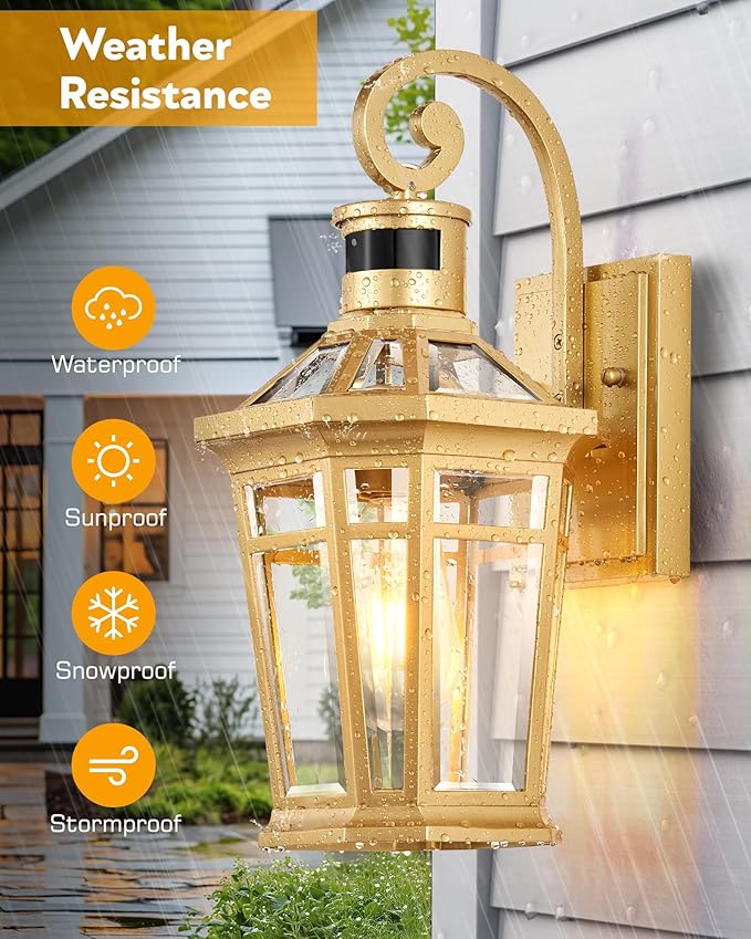 Motion Sensor Front Porch Light Gold Outdoor Light Fixture Wall Mount Outdoor Wall Lantern Sconce Light with Beveled Glass Waterproof Carriage Lights Exterior Coach Lights for Garage Patio