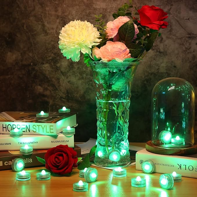 HL Submersible LED LightGreen Small LED Light100 Hours Waterproof Flameless Led Lights Battery Powered for Wedding Home Vase Festival Party Decoration 24pcs (Built-in 48 Batteries)