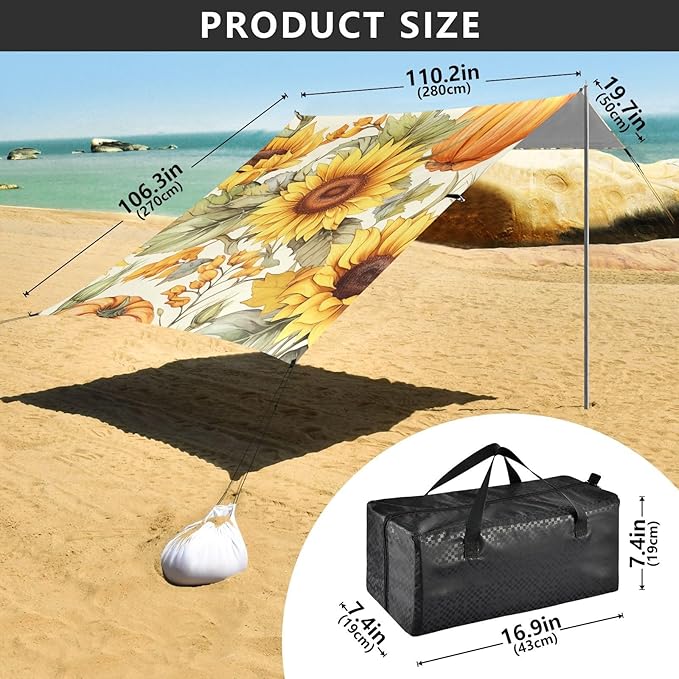 Beach Tent Sun Shelter Sunflower Pumpkin Lightweight &amp Easy Setup Beach Shade Canopy for Camping Fishing
