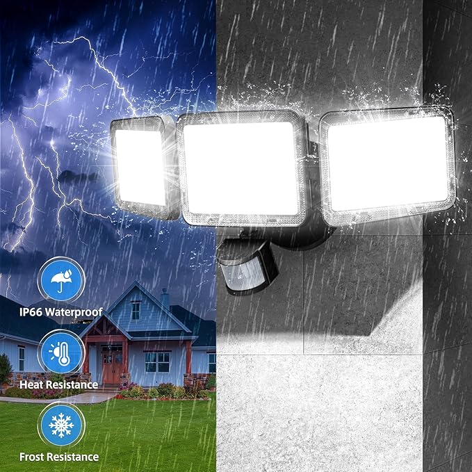 MEIHUA 70W LED Security Motion Sensor Outdoor Lights 3 Head Motion Detection Outdoor Lights 6500K Daylight 6800LM Flood Lights Outdoor Motion Sensor Lights IP66 Waterproof for Garage Yard Porch