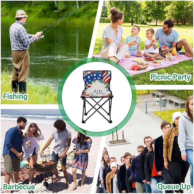 KLL 4th of July Independence Day Red and Blue Garland Compact Foldable Chairs Ultra Lightweight Packable Chair with Carrying Bag Ice Fishing Chair with Back for Outdoor Travel