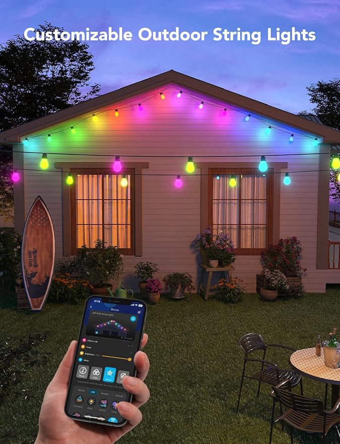 Govee Smart Outdoor String Lights H7016 96ft RGBIC Outdoor Lights with 30 Dimmable LED Bulbs IP65 Waterproof Color Changing Warm White Lights with 47 Scene Modes for Patio Backyard App Control