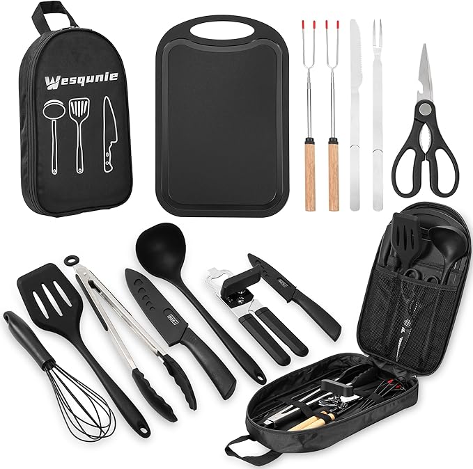 Camping Essentials Cookware Cooking Utensils Set - Portable Camp Kitchen Mess Kit Outdoor Accessories Stainless Steel &amp Silicone Camping Gear Equipment for RV Picnic GrillBlack