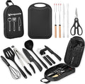 Camping Essentials Cookware Cooking Utensils Set - Portable Camp Kitchen Mess Kit Outdoor Accessories Stainless Steel &amp Silicone Camping Gear Equipment for RV Picnic GrillBlack