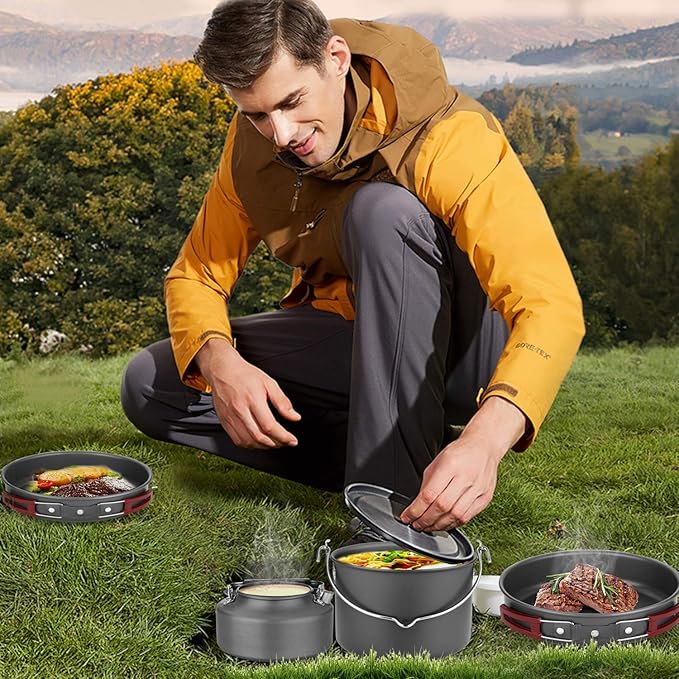 Odoland 22pcs Camping Cookware Mess Kit Large Size Hanging Pot Pan Kettle with Base Cook Set for 4 Cups Dishes Forks Spoons Kit for Outdoor Camping Hiking Picnic