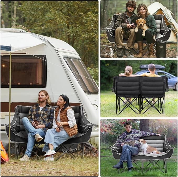 Slsy Oversized Double Camping Chair Folding 2 Person Camping Chair Loveseat Fully Padded Duo Chair Camping Couch Fold Up Double Camp Chair Lawn Chairs Camping Bench with Carrying Bag