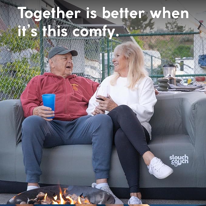 Slouch Couch | Air Sofa with Built-in Pump Hidden Cup Holders Storage Pockets | Durable Blow Up Couch with High-Performance Fabric for Camping Beach Home &amp Outdoors (Happy Camper)