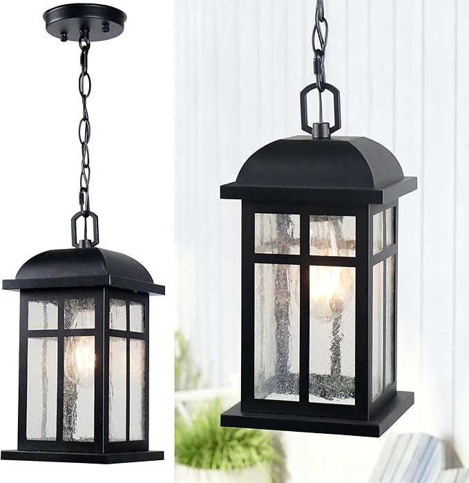 Outdoor Pendant Light for Porch Farmhouse Exterior Pendant Lantern Matte Black Outside Modern Hanging Porch Light with Seeded Glass for Door Patio Entryway Gazebo Breezeway Pergolas Yard