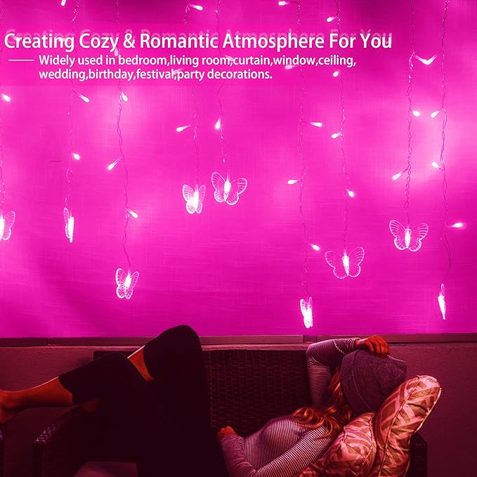 Butterfly Curtain Fairy Lights USB Plug in120 LED 8 Modes 20FT Firefly Twinkle Icicle String Lights with Remote Timer Waterproof Copper Wire for Bedroom Patio Christmas Wedding Party Dorm(Pink)