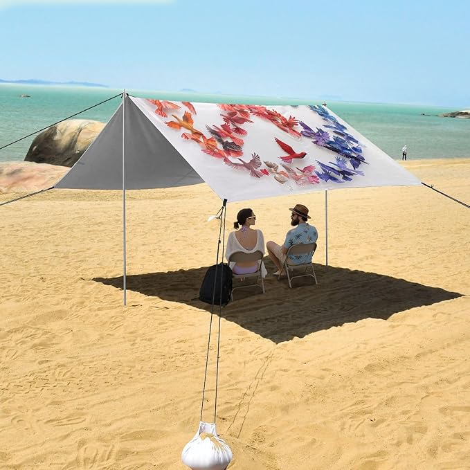 ALAZA Colorful Peace Sign Dove Beach Tent Sun Shelter UPF50+ Protection Beach Shade Canopy w/ 4 Sandbags for Outdoor Camping Fishing Backyard Fun Picnic 10x9 ft