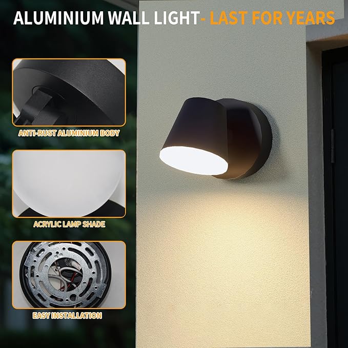 Aliminium Outdoor Wall Light350° Rotation Modern IP65 Waterproof &amp Rust-Proof Wall Lamp for Patio Garage Black (Classic)