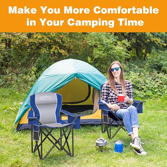 Folding Camping Chair Portable Outdoor Heavy Duty Padded Chairs Lawn Chair with Cup Holder Storage Pocket and Cooler Bag Supports 480LBS Blue