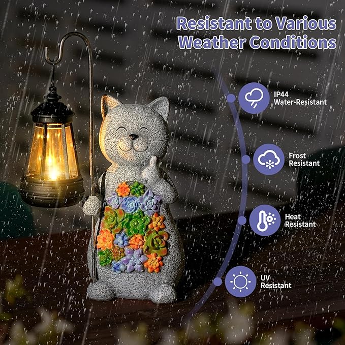 Solar Cat Garden Statue with Succulent Decor Hanging Lantern – Waterproof Resin Outdoor Figurine for Yard Patio Balcony – Gift for Cat Lovers Gardeners