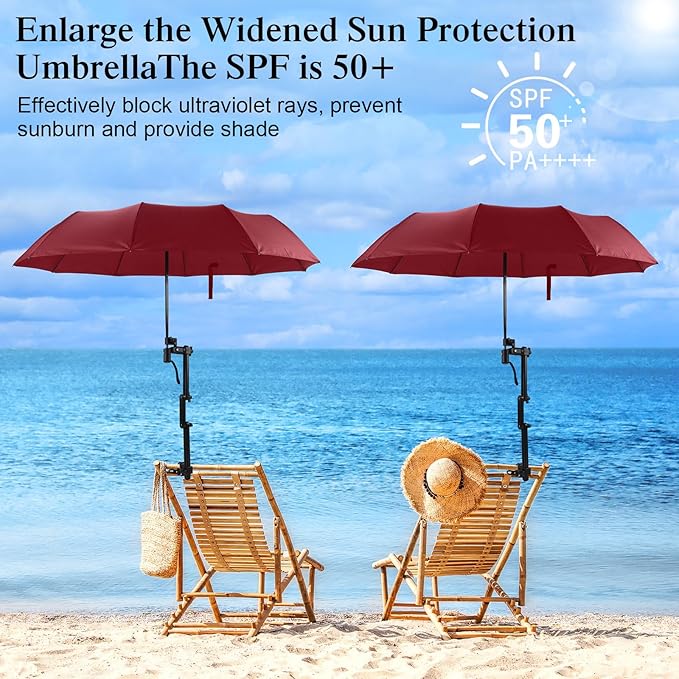 2 Pcs Beach Umbrella with Adjustable Universal Clamp Upf 50+ Automatic Open and Close Windproof Travel Portable Golf Umbrella for Beach Chair Stroller Fishing