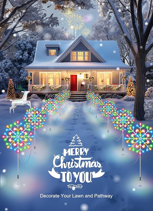 Brightown Snowflake Lights Outdoor 10 Large Snowflake Christmas Pathway Lights Outdoor Christmas Decorations Yard Sidewalk Walkway Driveway Marker Stake Multicolor