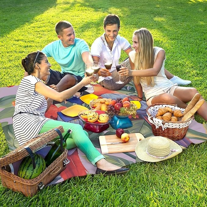 Waterproof Sandproof Beach Blanket 59''×68'' Macaw Parrot Polyester Outdoor Picnic Blanket with 4 Stakes &amp Storage Bag for BeachCampingVacation Fuchsia