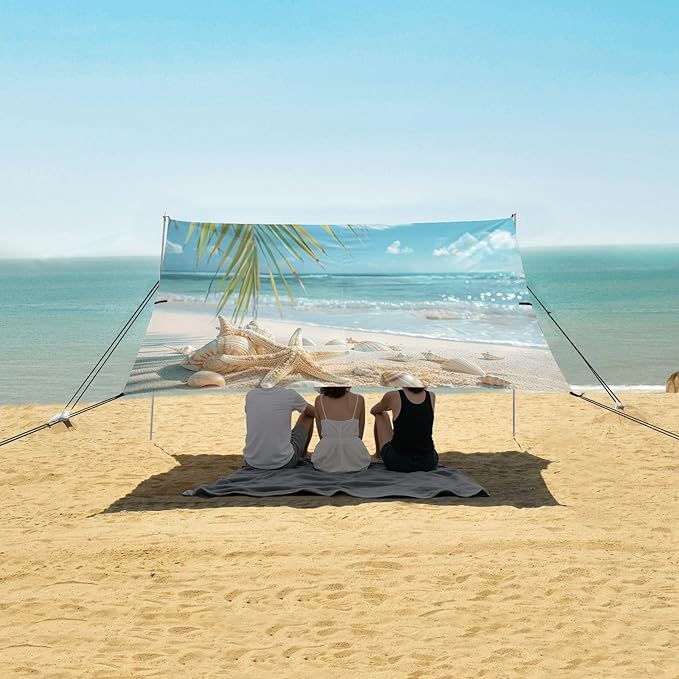 Sunny Beach Scene Beach Tent Sun Shelter 9.2' x 10.5' Beach Canopy with 4 Sandbags 4 Stability Poles Sand Shovels - Tent Canopy for Beach Camping Fishing Picnics
