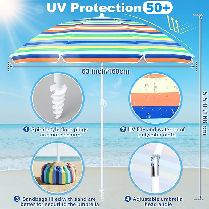 Sliner 20ft Beach Windscreen Kit with Adjustable Beach Umbrella Outdoor and Sand Anchor Wind Blocker for Sand Portable Windscreen Sunbathing Privacy Screen with Bag and Hammer Rainbow Stripe
