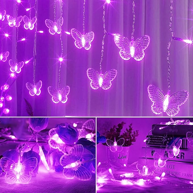 Purple Butterfly Curtain Fairy Lights USB Plug in120 LED 8 Modes 20FT Firefly Twinkle Icicle String Lights with Remote Timer Waterproof for Halloween Bedroom Christmas Wedding Party Dorm