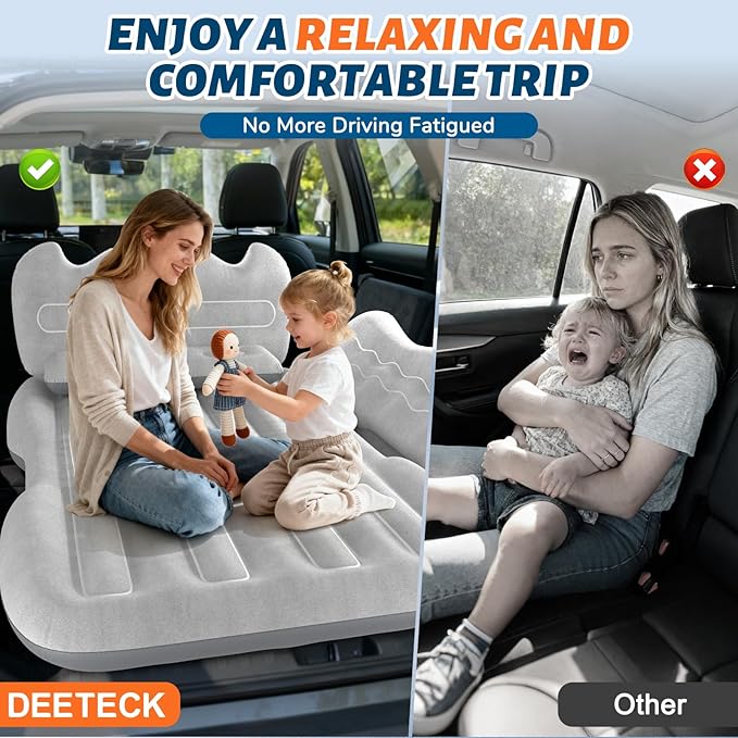 Thickened Inflatable Car Mattress for Back Seat - SUV Air Mattress Bed for Camping &amp Road Trips Portable Car Blow Up Mattress with Cup Holder 2 Pillows &amp Carry Bag - Grey