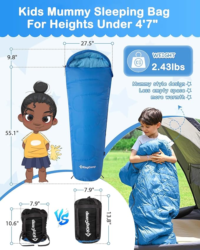 KingCamp 45°F Kids Sleeping Bag Lightweight Waterproof &amp Compact Flannel Sleeping Bags Cold Weather &amp Warm Youth Essentials Gear Accessories for Camping Fits 10-12 Children up to 4'7-5'5 T
