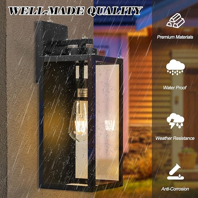 Outdoor Wall Light Fixture Large 16 Exterior Black Lantern Waterproof Farmhouse Porch Sconce Lighting with Glass Modern Wall-Mounted Outside Lights for House Garage Patio Lamp