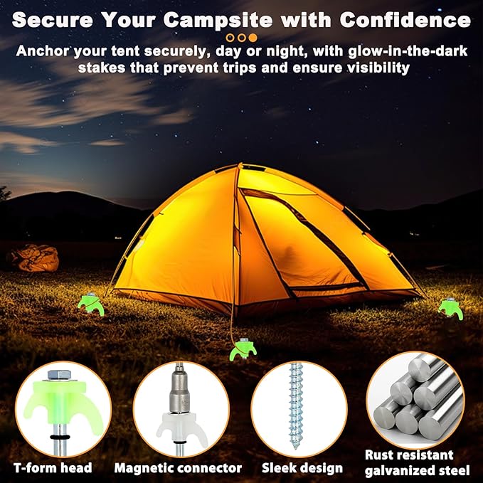 30 Pack 8 Heavy Duty Tent Stakes Screws- Glow in The Dark Metal Tent Stakes-Drill in Style Ground Anchor Screw in Pegs for Camping Patio Garden Awning Canopy Grassland Comes with Hexagon Head Drive