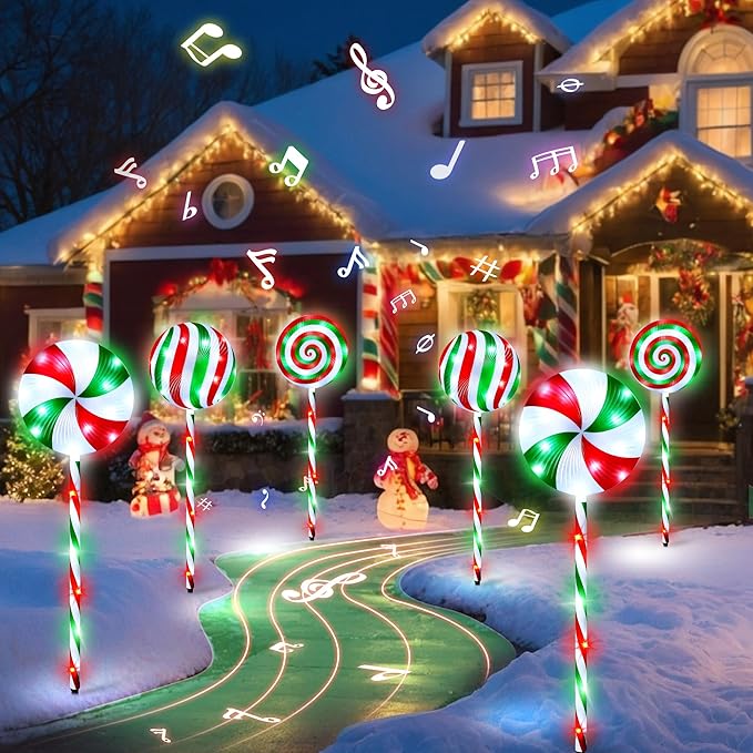 6 in 1 Lollipop Christmas Pathway Lights Outdoor 29 Inch Peppermint Pathway Markers Lights Lighted Candy Cane with 5 Modes and Music for Xmas Holiday Patio Yard Garden(RedWhiteGreen)