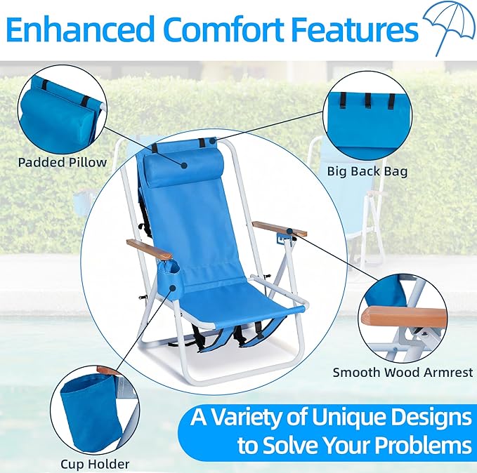 Backpack Beach Chair 4 Position Folding Reclining Lounge Heavy Duty Steel Frame 330 lbs Capacity &amp Wooden Armrests Set of 2 23x21.7x31.5